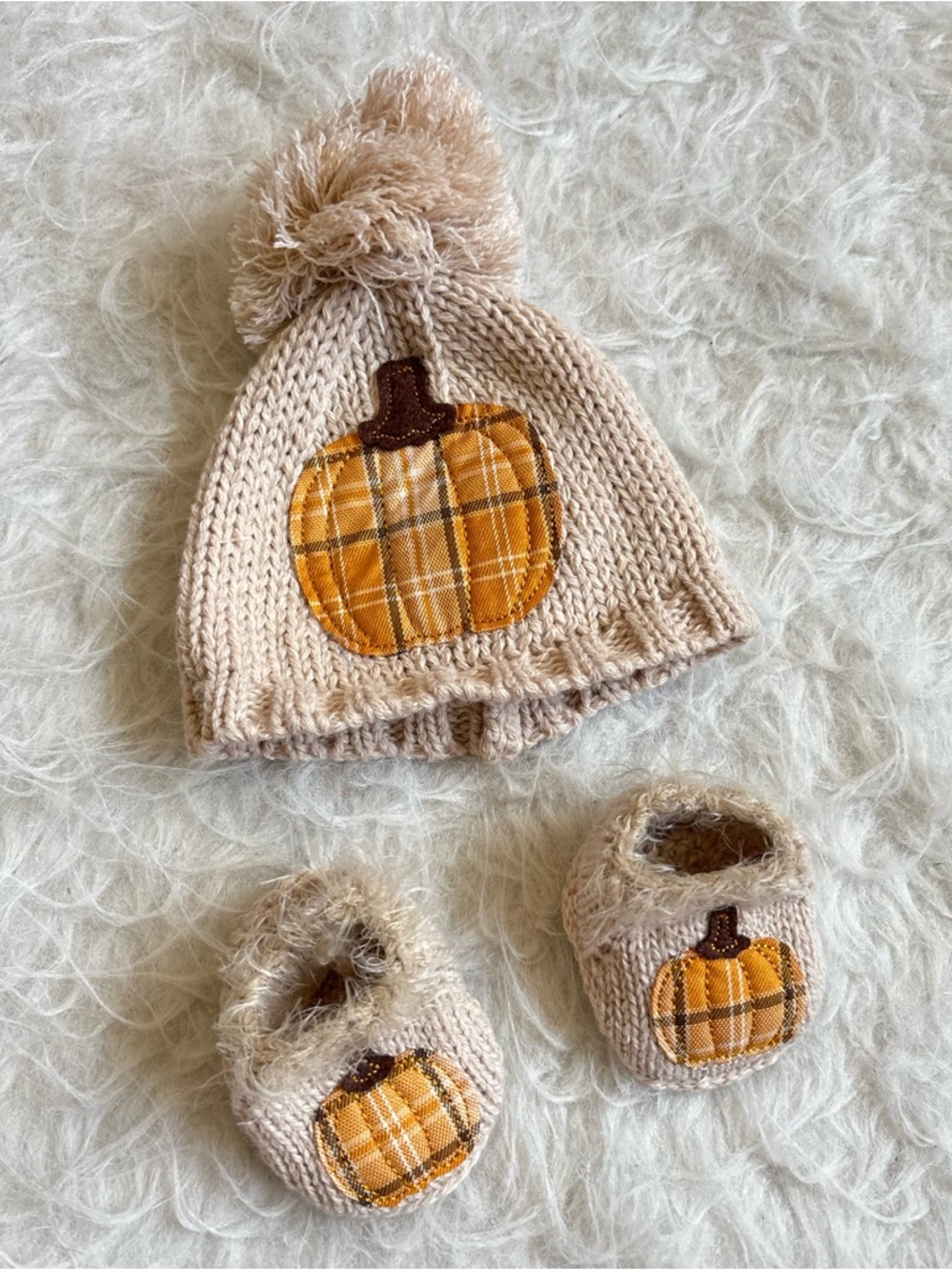 Little Me Baby Beige Knit Pom Pom Hat & Booties with Orange Plaid Pumpkin